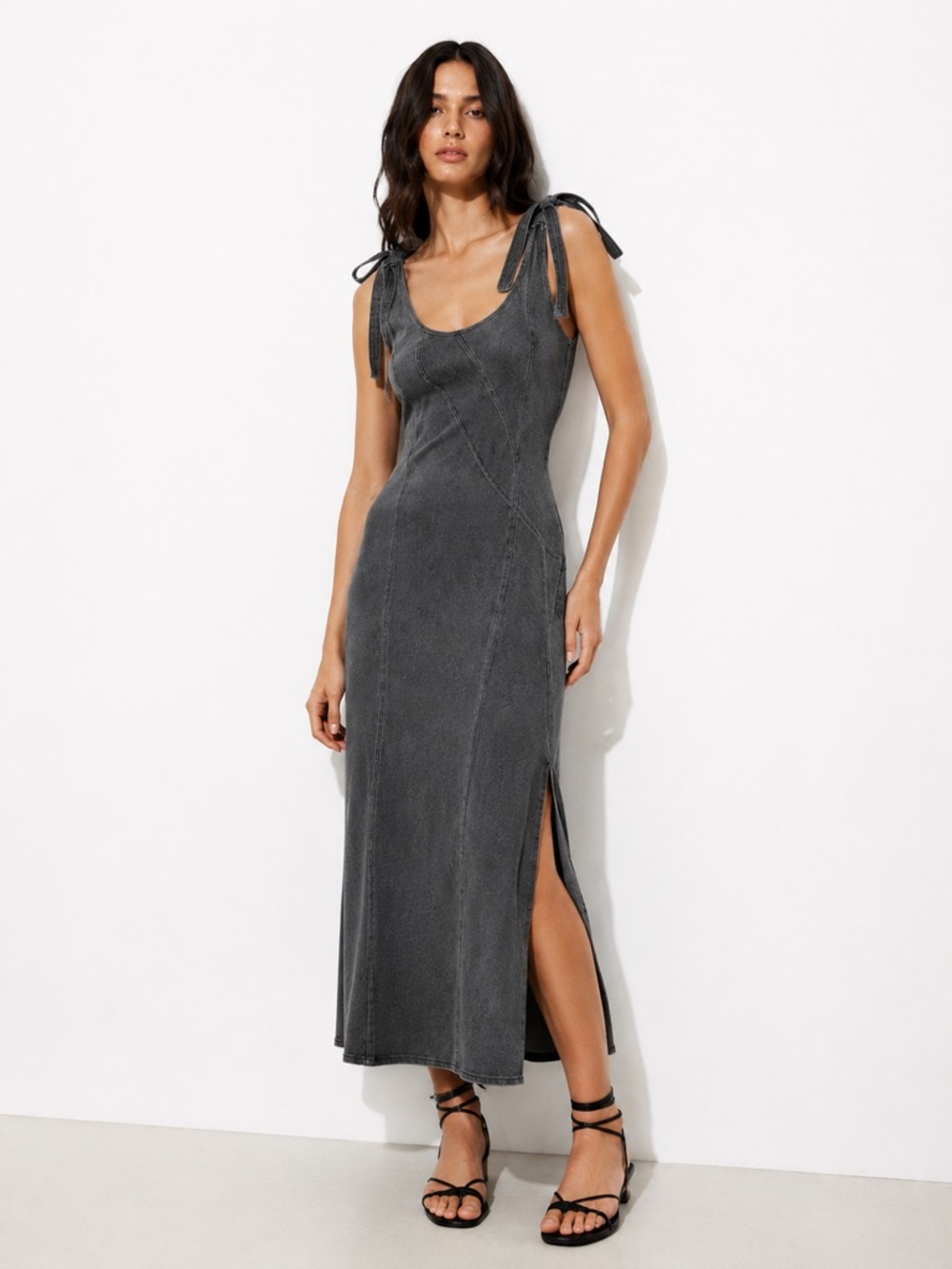 Baevely Faded Black Stretch Denim Trapeze Maxi Dress Tie Strap Size M Y2K NEW